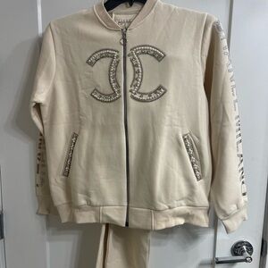 CHANEL Pearl Embellished Cream Jacket and joggers